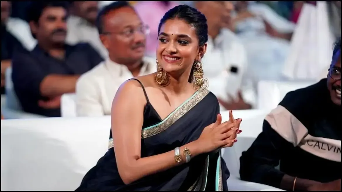 INDIAN ACTRESS KEERTHY SURESH IN BLACK SAREE AT MAAMANNAN AUDIO LAUNCH 6